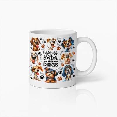 Hondenliefhebbers Mok 330ml – “Life is Better with Dogs” – Schattige Cartoon Honden Design – Leuk Cadeau voor Hondenbezitters & Dierenvrienden