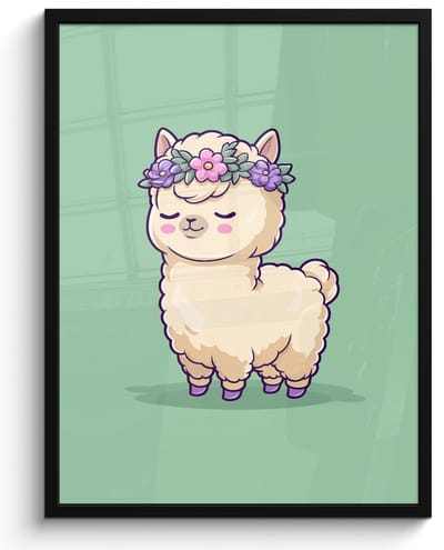 Poster in lijst - Fotolijst 60x80 cm - Posters - Alpaca - Groen - Bloemendiadeem - Posterlijst zwart - Decoratie - Wanddecoratie woonkamer - Muurdecoratie slaapkamer