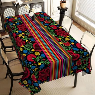 Levendig Mexicaans Bloemig Tafelkleed, Schone Volkskunst Print met Kleurrijke Strepen, Golvende Rand, Vuilafstotend voor Huisdecoratie 90x140cm red