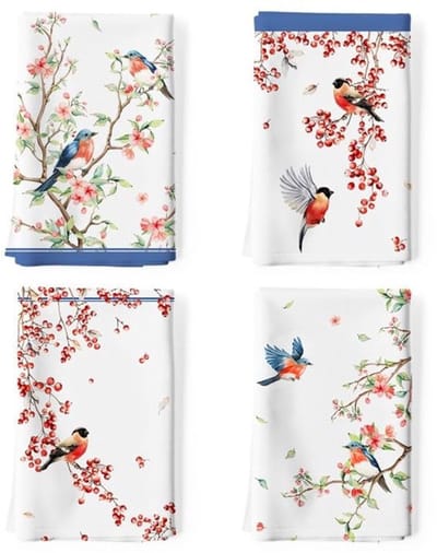Dailygoody - Aquarel vogel bloemen theedoeken - 100 katoen