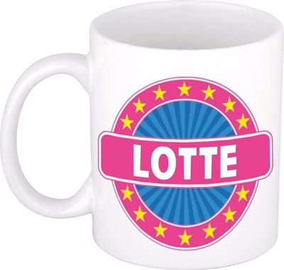 Bellatio Decorations - Lotte voornaam - koffiemok - beker - wit/roze - 300 ml - Cadeau - Dames - Collega - Moederdag - Verjaardag