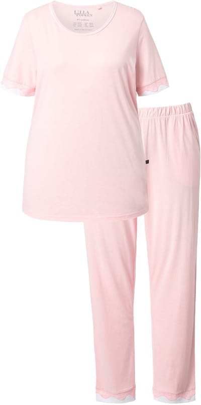 Ulla Popken - Dames - Pyjama kanten randen ronde hals korte mouw - Sorbetroze - Maat 42+