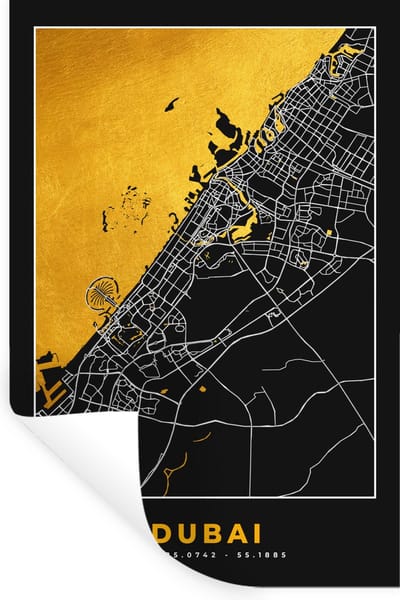 Muurstickers - Sticker Folie - Goud - Stadskaart - Plattegrond - Dubai - Kaart - 20x30 cm - Plakfolie - Muurstickers Kinderkamer - Zelfklevend Behang - Zelfklevend behangpapier - Stickerfolie