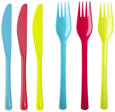 Set van 6x messen en 6x vorken - kunststof - herbruikbaar plastic - 19 cm - BBQ / Verjaardag