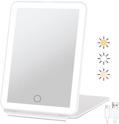 Dimbare LED Make-up Spiegel – USB Oplaadbaar, 3 Kleuren Licht, Touch Schakelaar, Compact & Reisbaar – Perfect Cadeau voor Vrouwen en Meisjes