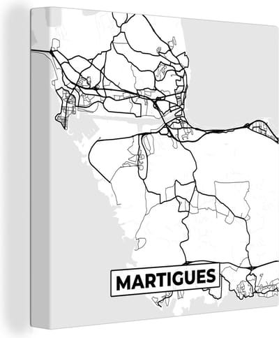 Canvas Schilderij Stadskaart – Martigues - Plattegrond – Kaart – Frankrijk - Zwart wit - 20x20 cm - Wanddecoratie