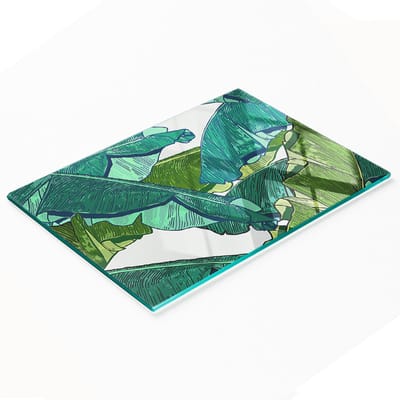 Decoratieve glazen snij- en serveerplank met bananenbladeren, 80x52 cm