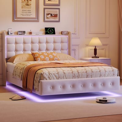 Tweepersoonsbed 160x200 cm beige fluweel met zwevend design, LED-verlichting, USB & Type-C oplaadpunt en hoofdbord met opbergruimte