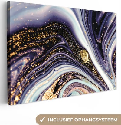 Canvas schilderij 150x100 cm - Wanddecoratie Marmer - Paars - Luxe - Marmerlook - Glitter - Muurdecoratie woonkamer - Slaapkamer decoratie - Kamer accessoires - Schilderijen op canvas