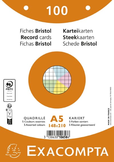 Exacompta Pak 100 steekkaarten onder krimpfolie - Bristol gelijnd niet geperforeerd 148x210mm - Geassorteerd - 10858E