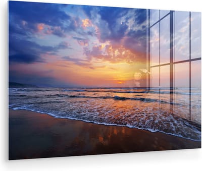 MuchoWow® Glasschilderij 60x40 cm - Schilderij acrylglas - Zee - Zon - Kleuren - Foto op glas - Muurdecoratie woonkamer - Wanddecoratie slaapkamer - Schilderijen