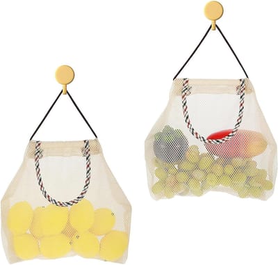 Hanging Storage Bags voor Groenten en Fruit - Herbruikbare Mesh Keukenopslag, Ademend en Duurzaam voor Uien, Knoflook en Aardappelen, Beige en Modern