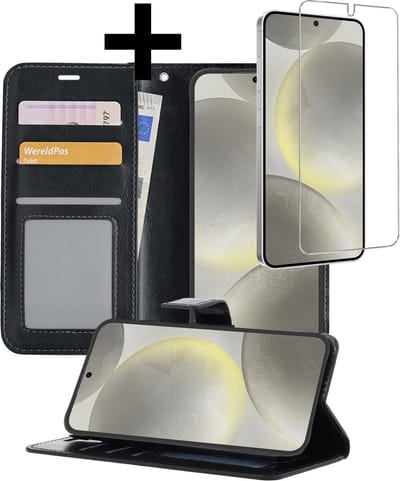 Hoesje - Met Screenprotector - Geschikt voor Samsung Galaxy S24 - Luxe Pasjeshouder - Bookcase Portemonee - Flip Case - Kunstleer Book Case - Flipcase - Book Cover - Walletcase - Portemonneehoes - Telefoonhoesjes - Zwart