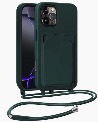 Hoesje Geschikt voor iPhone 16 Pro Hoesje Met Telefoonkoord en Pasjeshouder Siliconen - Hoes Geschikt voor iPhone 16 Pro Hoesje Met Kaarthouder Case - Donkergroen