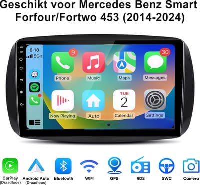 Junsun Android 15 Autoradio Geschikt voor Mercedes Benz Smart Forfour/Fortwo 453 (2014-2024) , 2GB+64GB, Draadloze CarPlay & Andriod Auto, DAB+, GPS-Navigatie, WIFI, Bluetooth, RDS, FM, SWC, 9-inch HD Touchscreen, DSP, Quad-core processor