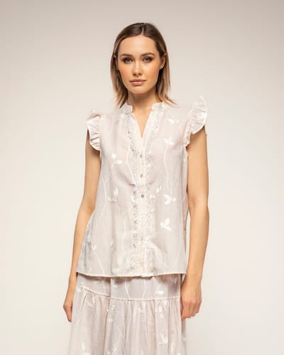 Gestreepte blouse met borduursels en kantdetail met ruches aan de mouwen