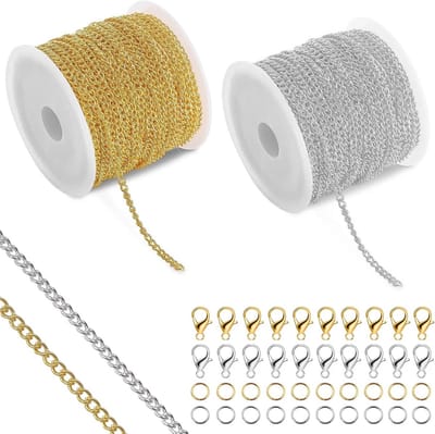 Schakelketting per meter, goud en zilver, 5 meter, voor het maken van sieraden, met 120 ringen en 60 karabijnsluitingen, sieradenketting voor kettingen en armbanden