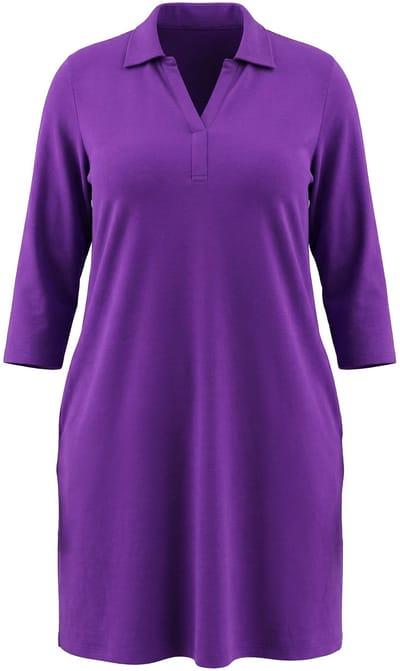 Ulla Popken - Dames - Jersey jurk A-lijn overhemdkraag 3/4-mouwen zakken - Purper - Maat 46+