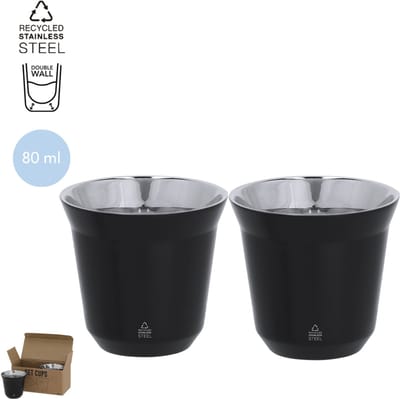Set van 2 gerecycled RVS zwarte bekers 80 ml - geschikt voor laser techniek model Kodet