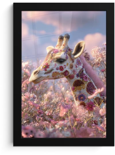 Poster in lijst - Fotolijst 20x30 cm - Posters - Giraffe - Bloemen - Roze - Posterlijst zwart - Decoratie - Wanddecoratie woonkamer - Muurdecoratie slaapkamer