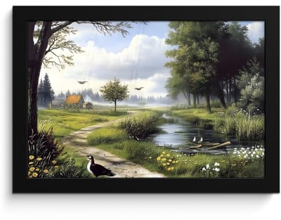 Poster in lijst - Fotolijst 30x20 cm - Posters - Zandpad - Groen landschap - Water - Posterlijst zwart - Decoratie - Wanddecoratie woonkamer - Muurdecoratie slaapkamer