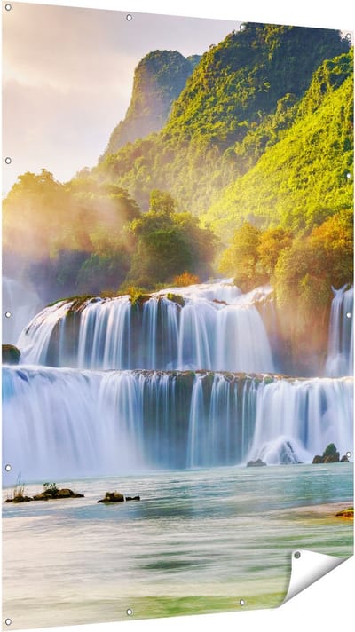 Gards Tuinposter Watervallen tussen de Bomen - 120x180 cm - Tuindoek - Tuindecoratie - Wanddecoratie buiten - Tuinschilderij