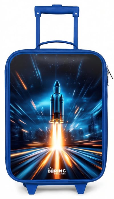NoBoringSuitcases.com® - Kinderkoffer blauw - Kindertrolley jongen - Ruimteraket stijgt op in nachtelijk lichtspektakel - Koffer kind lichtgewicht - Reiskoffer trolley voor kinderen - Koffertje met lichtgevende wieltjes - Rolkoffer