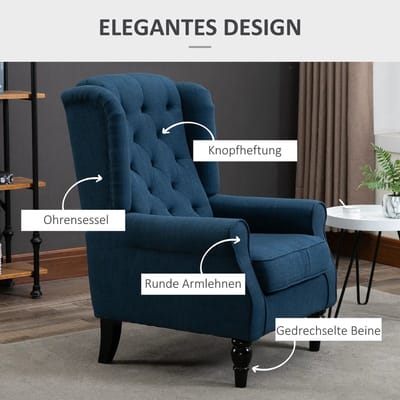 Fauteuil - Klassieke Ohrensessel Met Hoge Rugleuning En Gecapitonneerde Rug - Voor Woonkamer En Slaapkamer - Blauw Stof