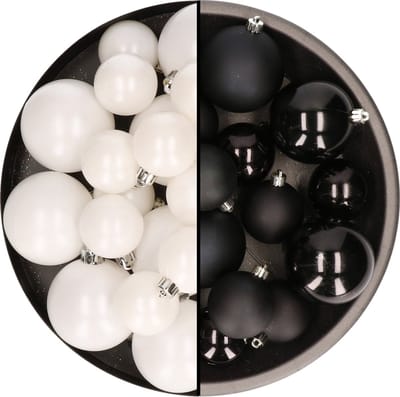 Kerstversiering kunststof kerstballen kleuren mix zwart/wit 6-8-10 cm pakket van 44x stuks