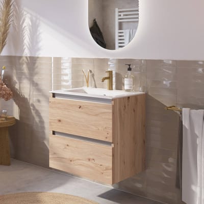 Saqu Gaia badmeubel incl. glans witte keramische wastafel 60x46x61cm naturel eiken – aluminium greeplijst