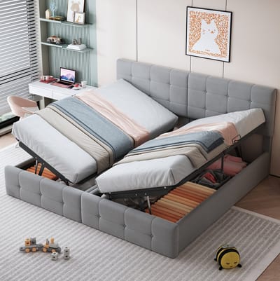 MEUNIQ gestoffeerd opbergbed 180x200 cm met hydraulische opbergruimte, verstelbaar hoofdbord en lattenbodem, deelbaar in 2 bedden voor slaapkamer, grijs