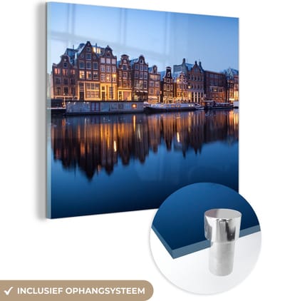 MuchoWow® Glasschilderij 50x50 cm - Schilderij acrylglas - Amsterdam - Zonsondergang - Reflectie - Foto op glas - Schilderijen