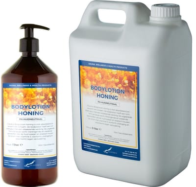 Bodylotion Honing 1 liter met gratis pomp - hervulbaar + Jerrycan 5 liter navulling