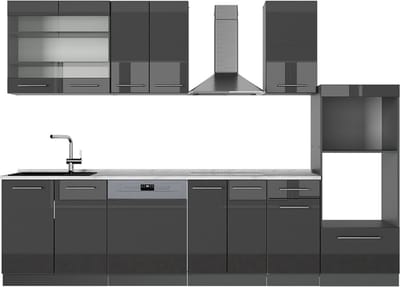 Vicco Fame-Line Complete keukeneenheid – 300 cm met hoge kast, WB Marmer Antraciet Hoogglans