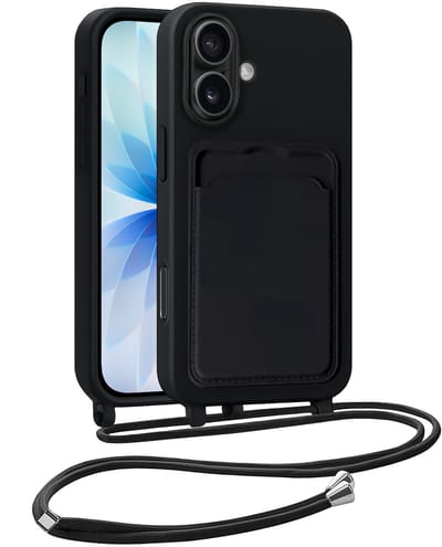 Hoesje Geschikt voor iPhone 17 Hoesje Met Telefoonkoord en Pasjeshouder Siliconen - Hoes Geschikt voor iPhone 17 Hoesje Met Kaarthouder Case - Zwart