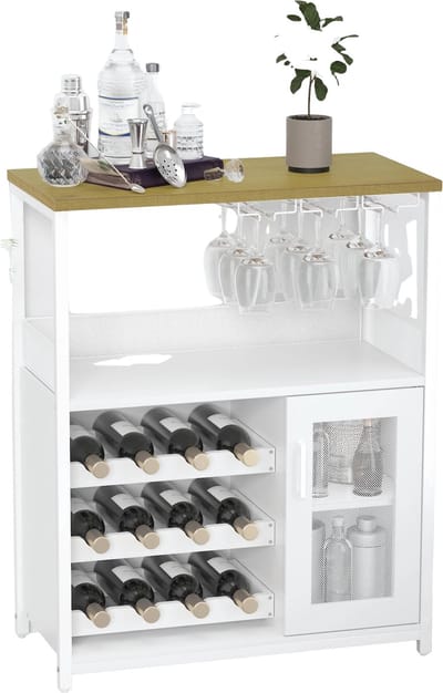 Industrieel Dressoir - Voor Woonkamer & Eetkamer - Buffetkast met Wijnrek - Metaal & Gaasdeur - keukenkast - Wit
