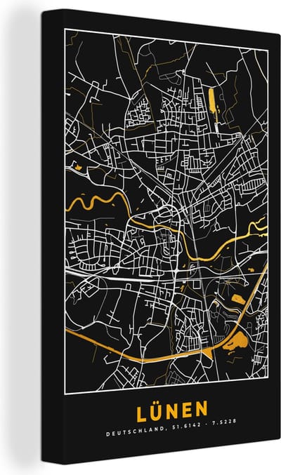 Canvas Schilderij Stadskaart - Black and Gold - Lünen - Kaart - Plattegrond - Duitsland - 20x30 cm - Wanddecoratie