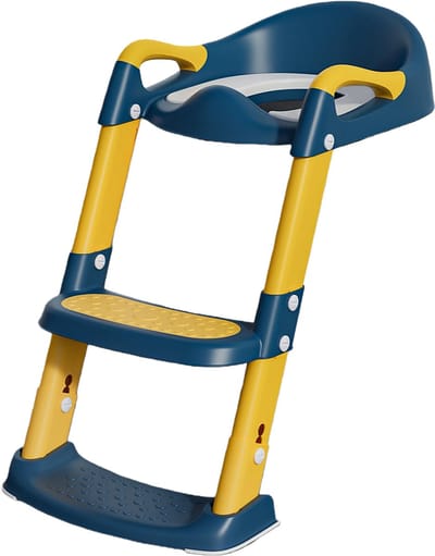 Kinder Toilet Trainingsstoel - 2-in-1 Opstapkruk met Antislip Treden - Hoogteverstelbaar (Max. 70 kg) - Vouwbaar Design - Geschikt voor Kinderen 1-7 jaar - Blauw/Geel