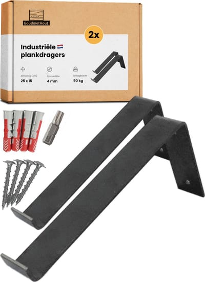 GoudmetHout® Industriële Plankdragers L-vorm - 25 cm - Stalen Plankdrager voor Wandschap, Muurrek of Wandconsole - Max 50 kg - 2 Stuks -Mat Blank