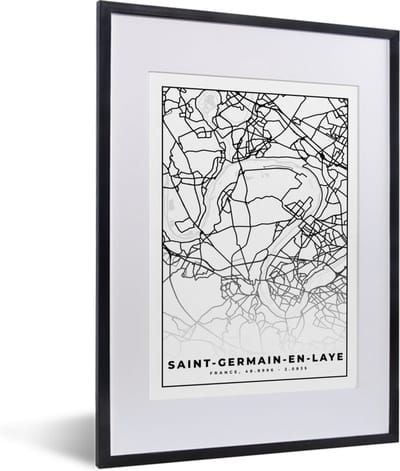 Fotolijst incl. Poster Zwart Wit- Kaart – Plattegrond – Frankrijk – Saint-Germain-en-Laye - Stadskaart - Zwart wit - 30x40 cm - Posterlijst