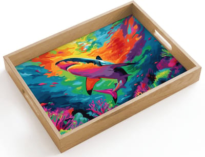 Dienblad hout 40x30 cm - Schootdienblad - Haai - Koraalrif - Abstract - Kleurrijk - Borrelplank rechthoek - Plateau dienbladen