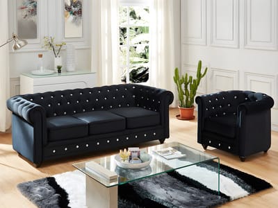 Vente-unique Driezitsbank en fauteuil CHESTERFIELD - velours - zwart met kristallen knopen