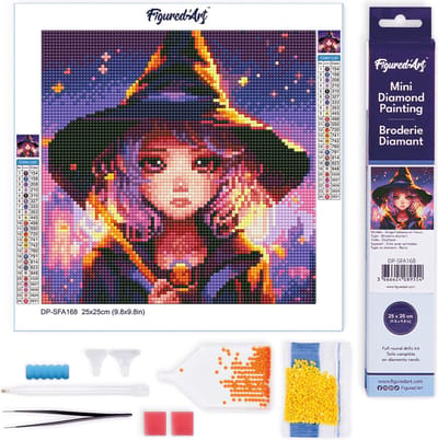 Figured'Art Mini Diamond Painting set Volwassenen 25x25 cm Betoverend Klein Heksje - 5D DIY Art full drill ronde diamant - Opgerold canvas