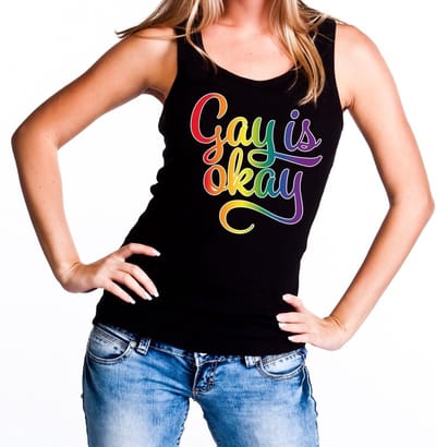 Gay is okay gaypride tanktop - zwart regenboog singlet voor dames - gaypride S