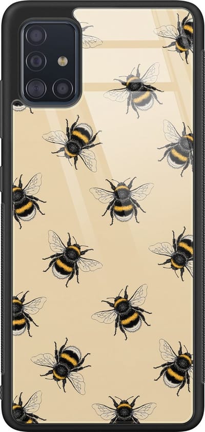 Hoesje geschikt voor Samsung Galaxy A51 - Bijen print - Luxe Glazen Hardcase - Print / Illustratie - Geel