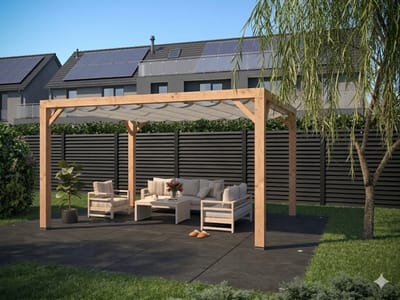 Douglas houten pergola inclusief een Harmonica schaduw doek in de kleur Sahara Sand kopmaat 12 x 12 cm