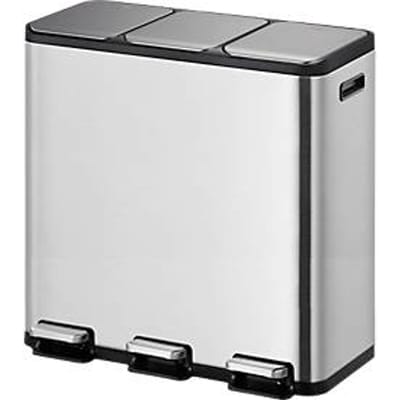 EKO EcoCasa pedaalemmer, geborsteld roestvrij staal, vingerafdrukbestendig, 3 x 15 liter, soft-close deksels, B 605 x D 321 x H 508 mm, zilver