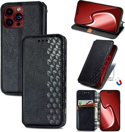 Luxe PU Lederen Ruitpatroon Wallet Case + PMMA Screenprotector voor iPhone 15 Pro Max _ Zwart