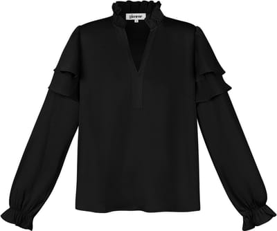 Moderne Polyester Vrouwen Top met Lange Mouwen en V-hals - Zwart - Maat S