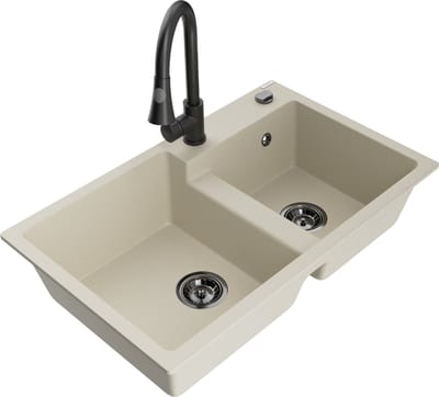 Mexen Tomas 2-komorige granieten gootsteen met keukenmengkraan Elia, beige - 6516-69-670101-70